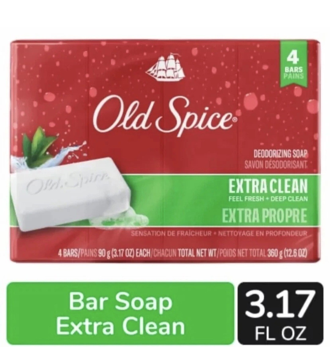 💚 OLD SPICE 💚 (4-BARS) 3.17 Oz 💚🫧•EXTRA CLEAN•🫧💚 Deodorizing Bar Soap 🫧.