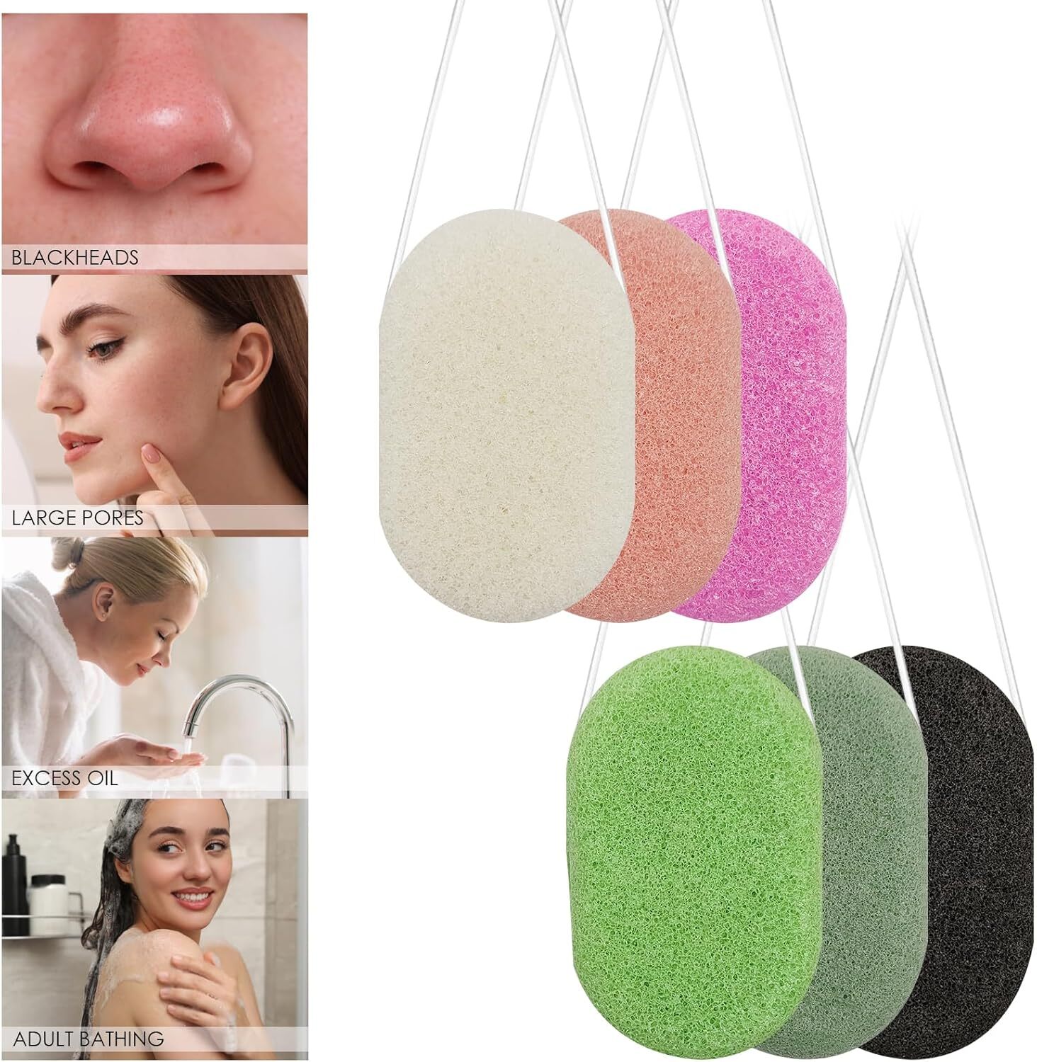 6 pcs Konjac Sponge, Pink, Purple, White, Black, Light Green, Dark Green