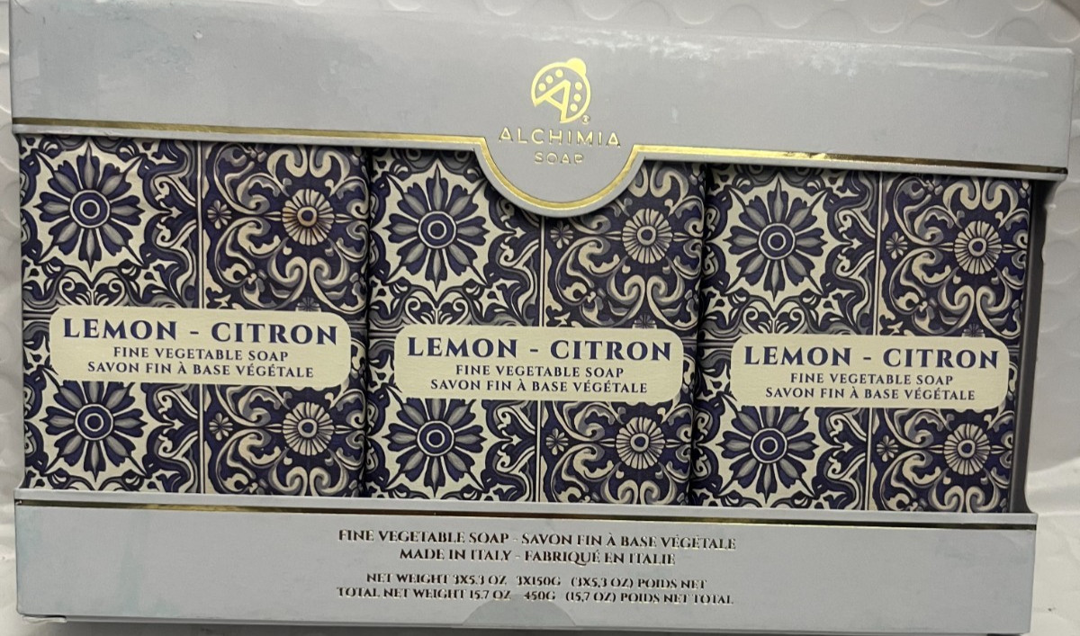 ALCHIMIA SOAP LEMON CITRON FINE VEGETABLE SOAP BOX WITH 3 SOAPS 5.3OZ EACH