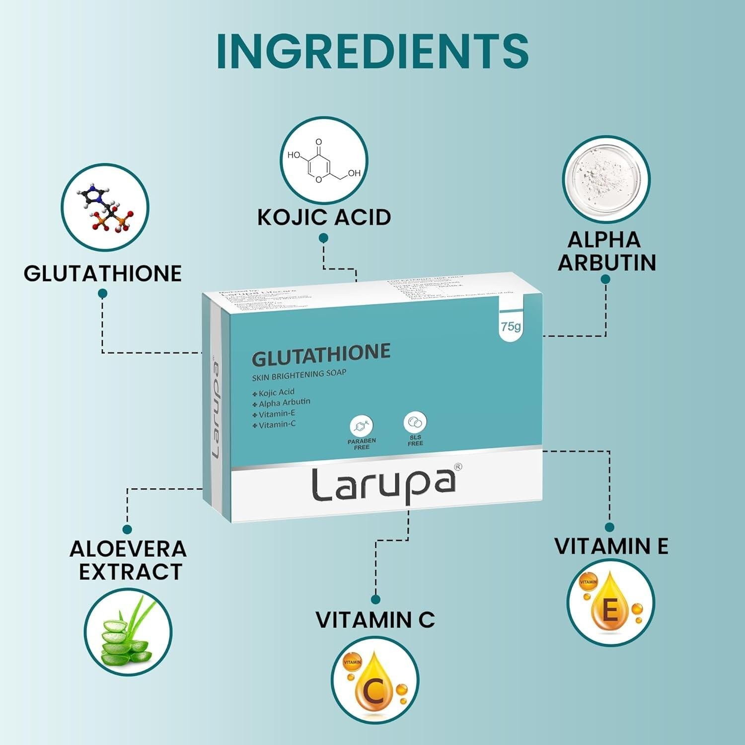 Larupa Soap Glutathione Kojic Vitamins C E Alpha Arbutin Dark Spots 75gm x 3
