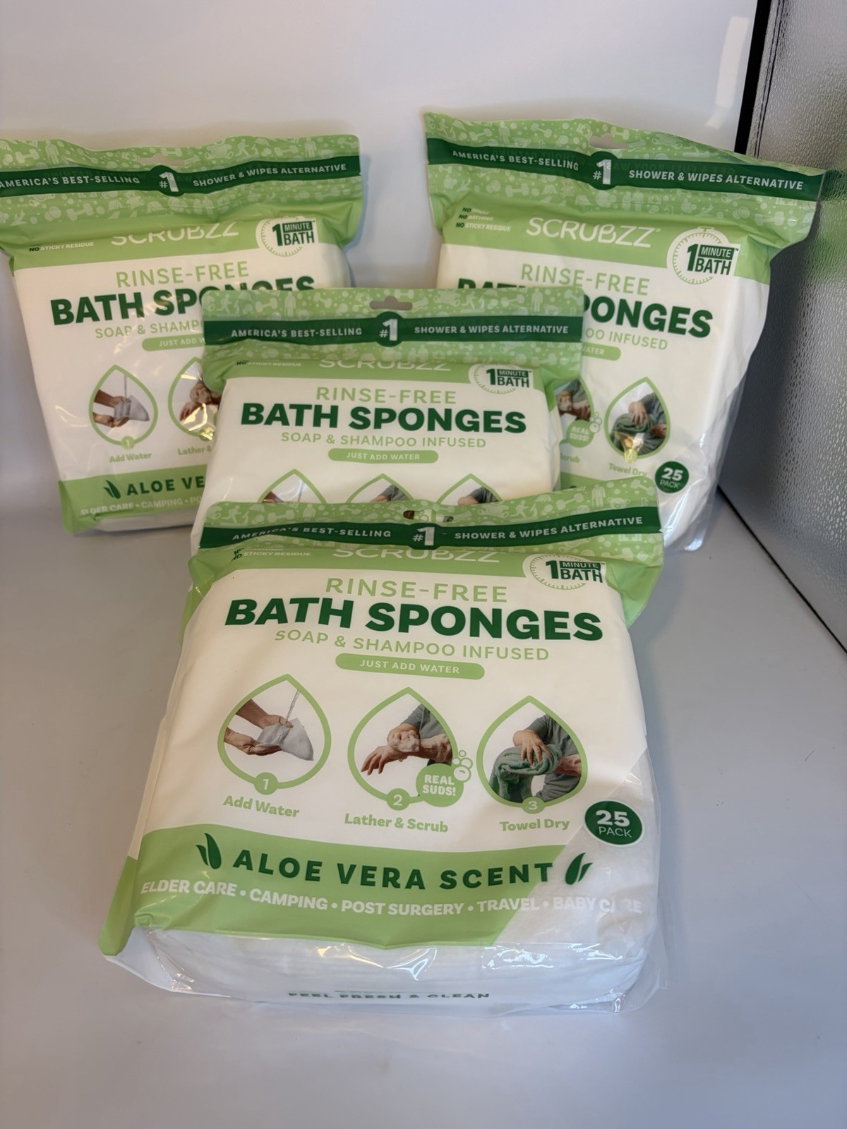 Lot of 4/100Scrubzz Rinse Free Bath Sponges Aloe Vera Lather Scrub Towel Dry New
