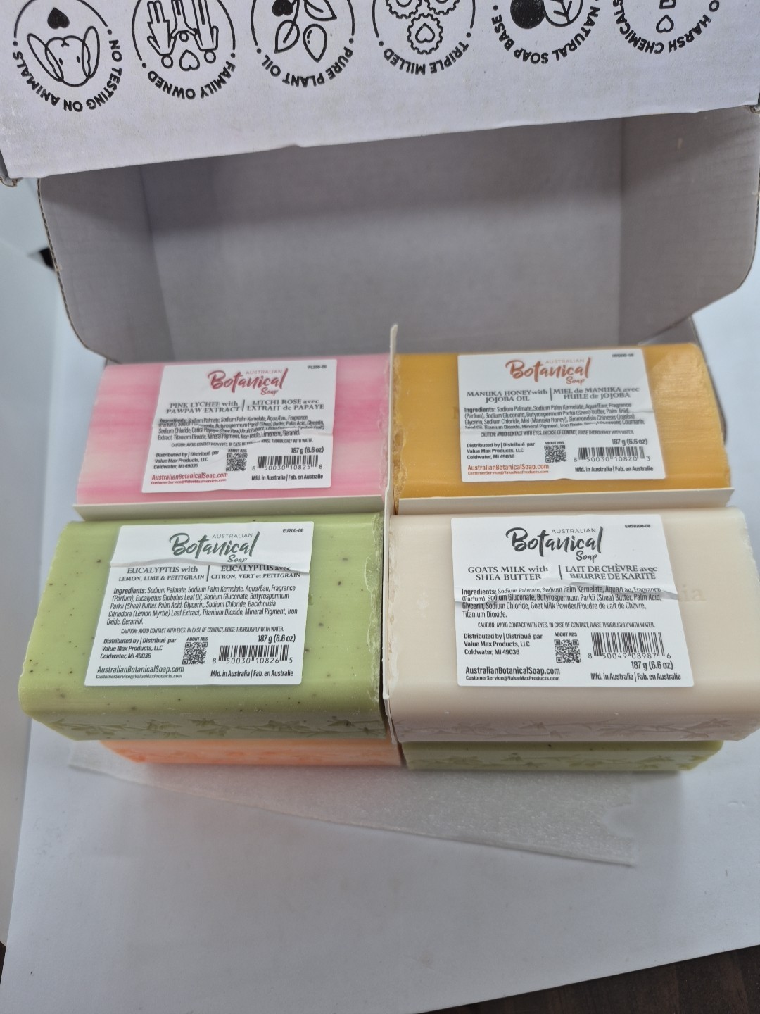 Australian Botanical Soap Variety Pack, 6.6 oz Bars Goat Milk, Sea Salt, Lemon