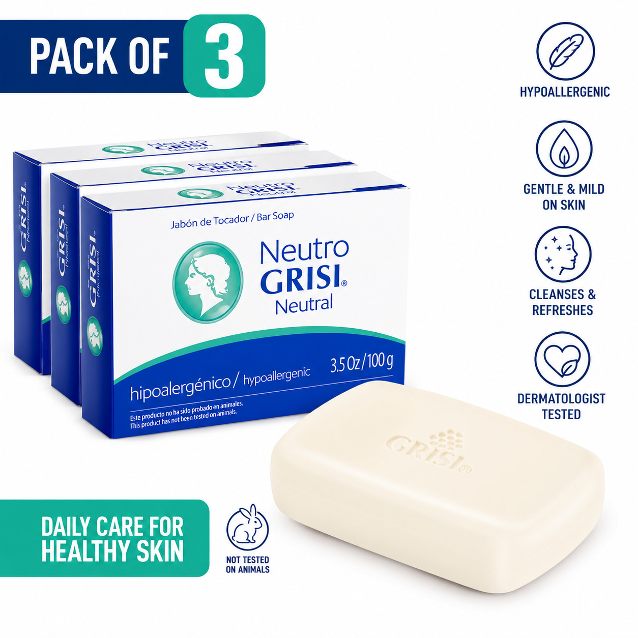 Neutro Grisi Soap Pack of 3 Hypoallergenic Gentle Skin Care 3.5 oz