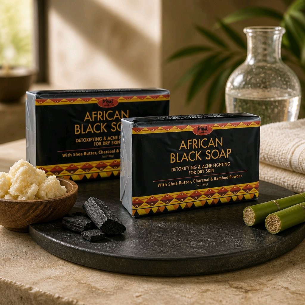 AFRICAN BLACK SOAP Detoxifying Acne Fighting Shea Butter & Charcoal 7 oz. 2-Bars