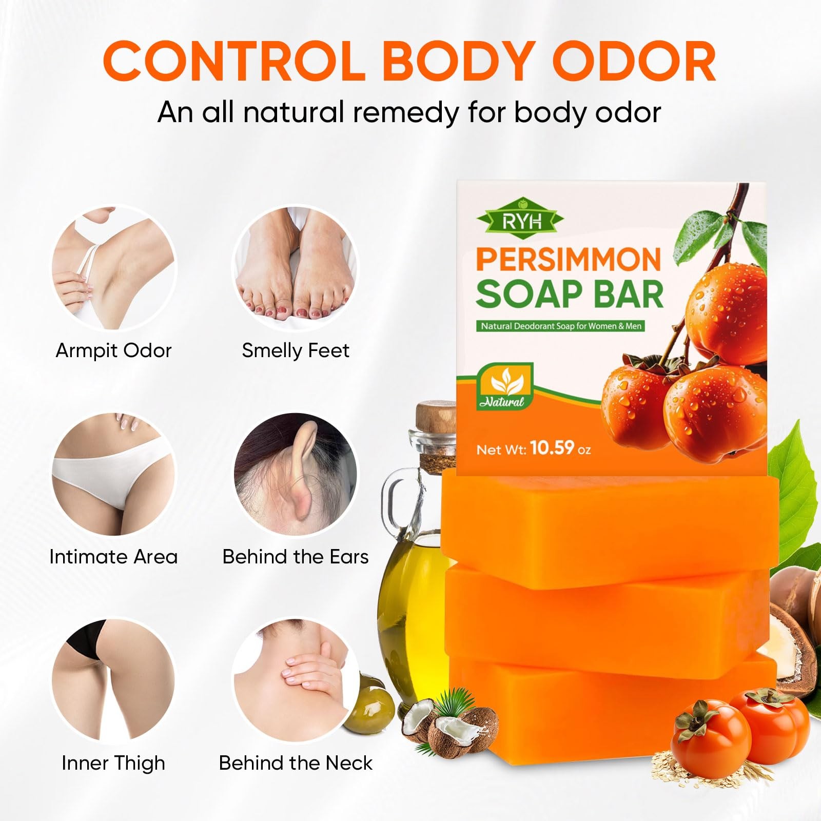 3 PCS Persimmon Soap Bar for Body Odor Control–Deodorizing & Eliminating Body…