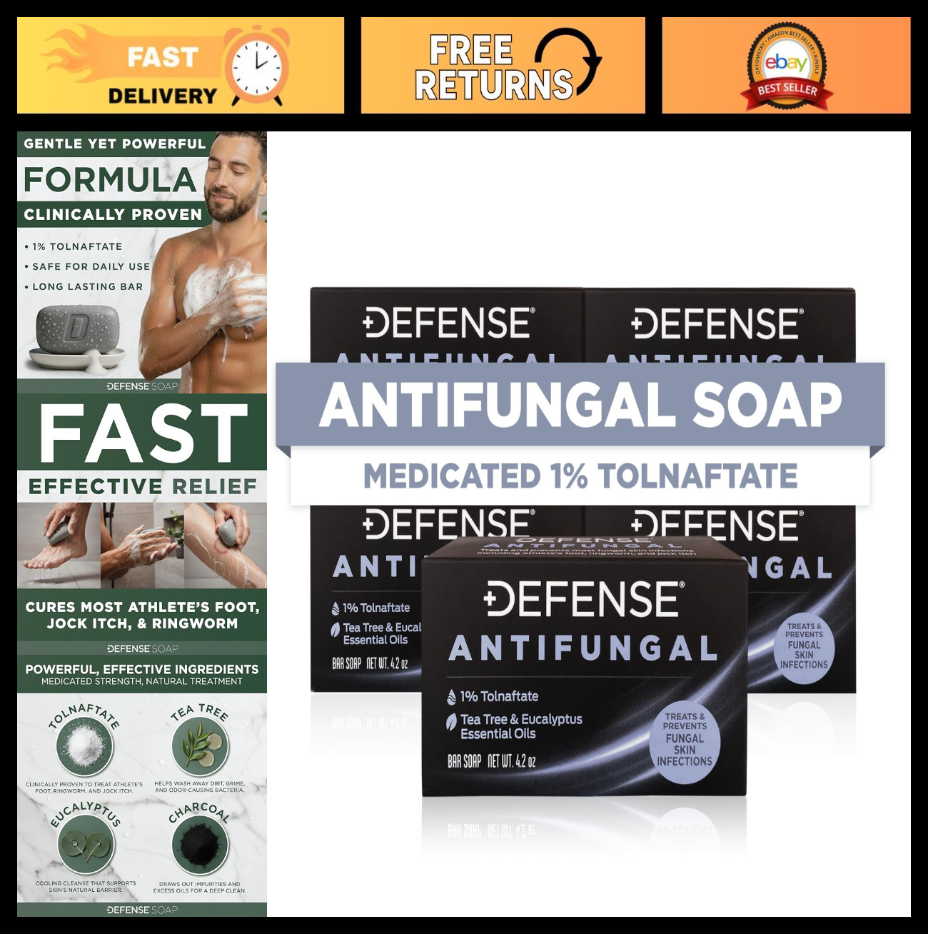 Medicated Antifungal Bar Soap 5-Pack – 1% Tolnaftate, Tea Tree Oil, Jock Itch &