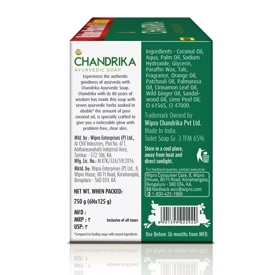 Chandrika Ayurvedic Soaps Bathing Bar Glowing Radiant Skin Each 125g Pack Of 6