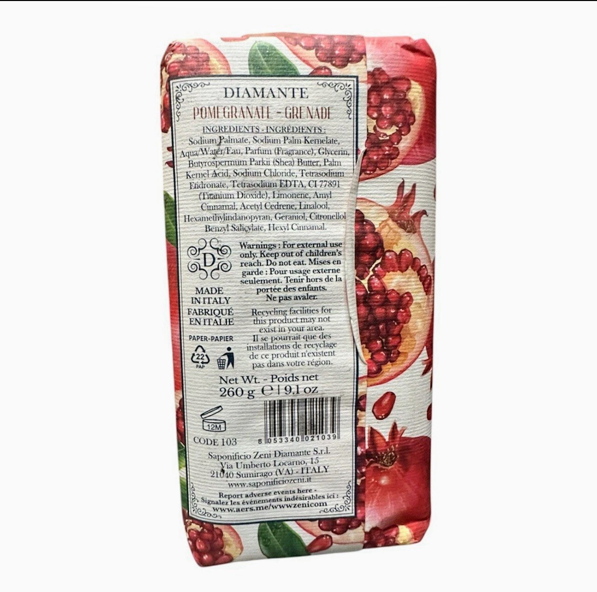 Diamante Pomegranate Soap 260g Bar Triple Milled Made in Italy Herbal Scent