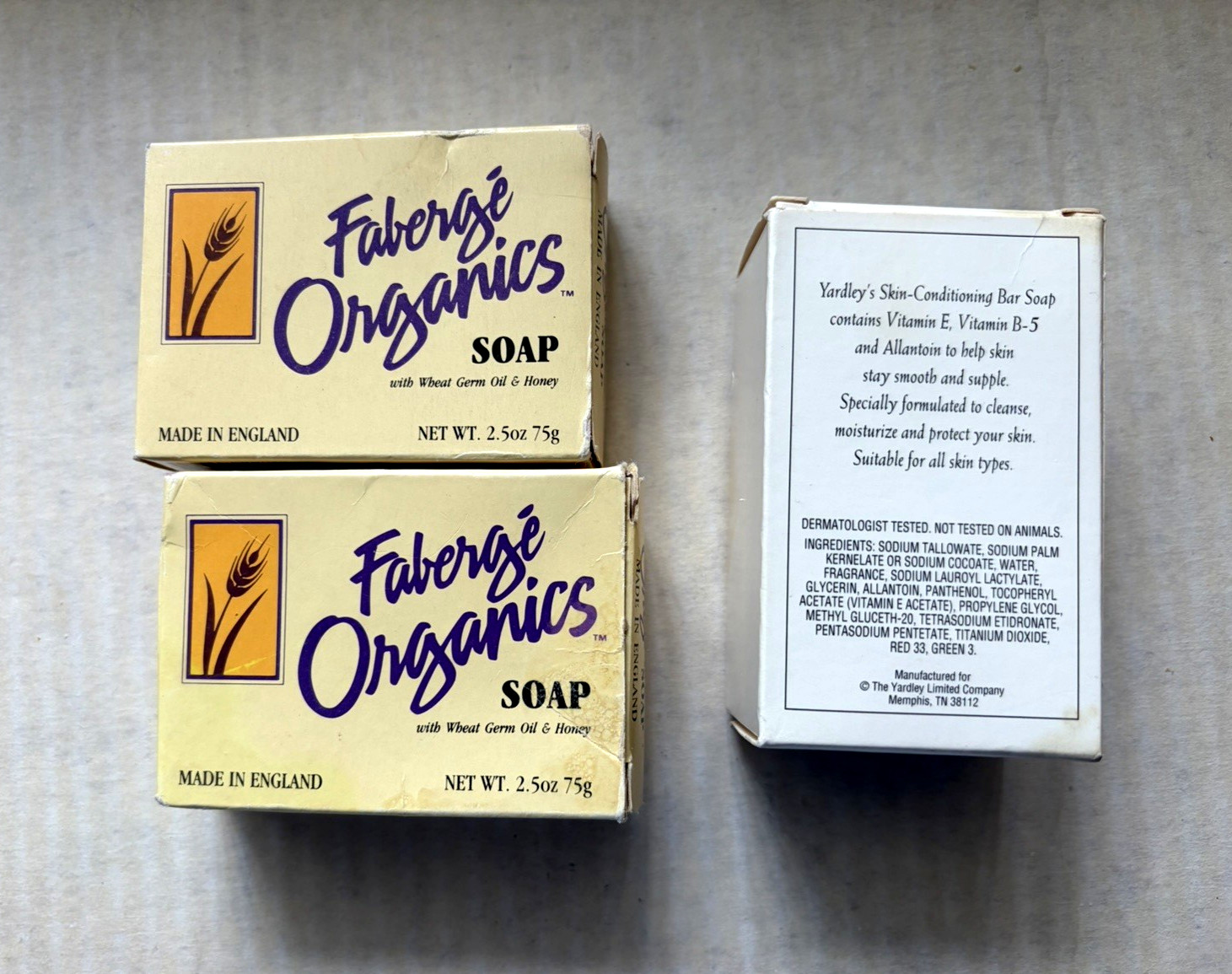 Lot Of 3 Vintage Soap Bars 2 Faberge Organics 2.5 Oz/1 Yardley 3.5 Oz NOS