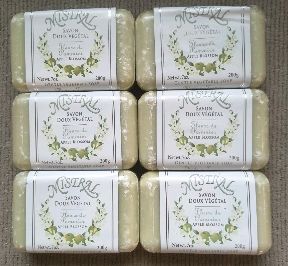 Mistral APPLE BLOSSOM Gentle Vegetable Organic Soap Bar 200g/7oz EA France 6 LOT