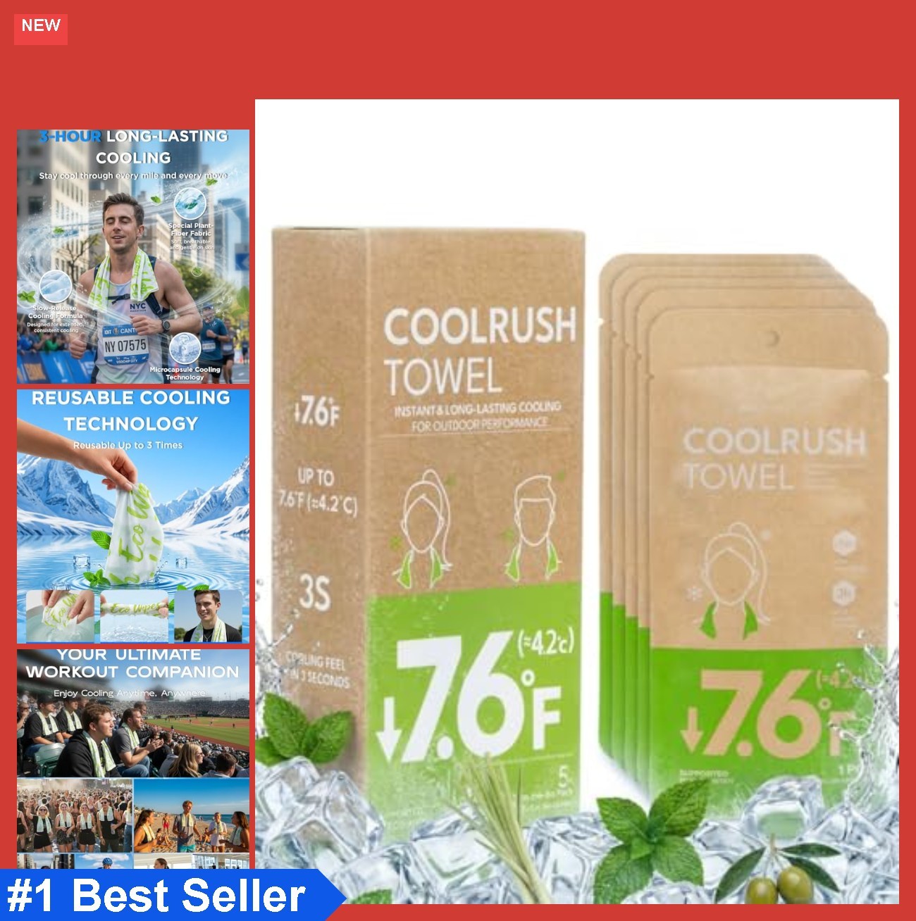 Cooling Towel 5 Pack Mint Extract Instant 3 Second Reusable for Running Cycling