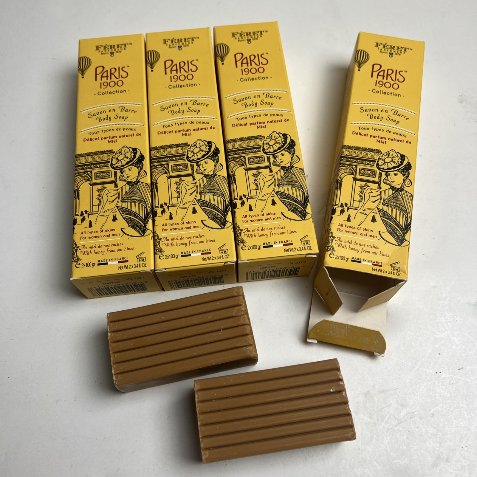 Lot Of 4 Boxes Feret Parfumeur Beauty Bar Soap Honey 2 Bars x 100 grams Each