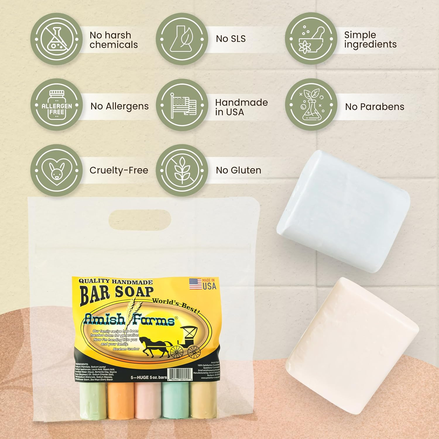 All Natural Amish Farm Bar Soap Variety 5-Pack Cold Process Old-Fashioned Homema