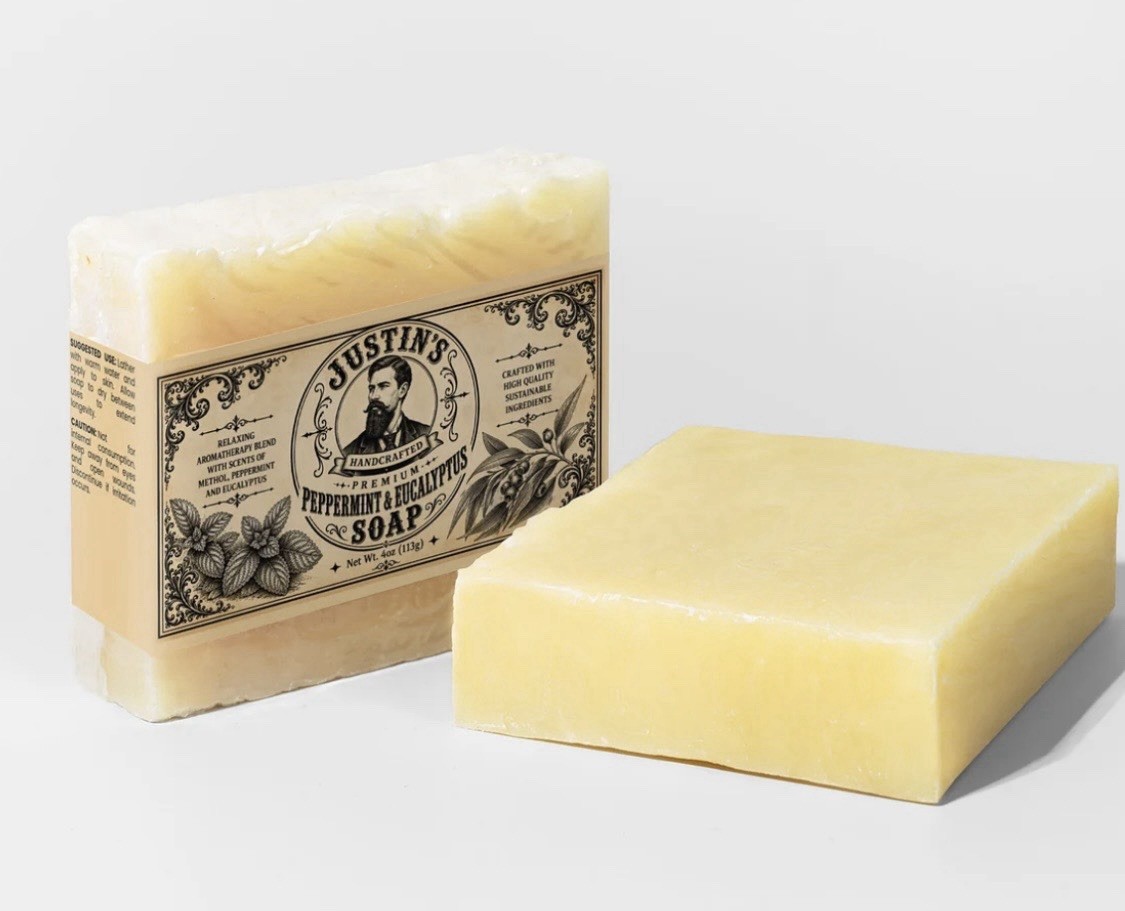 Justin’s Handcrafted Premium Peppermint & Eucalyptus Body Bar Soap, 4 oz