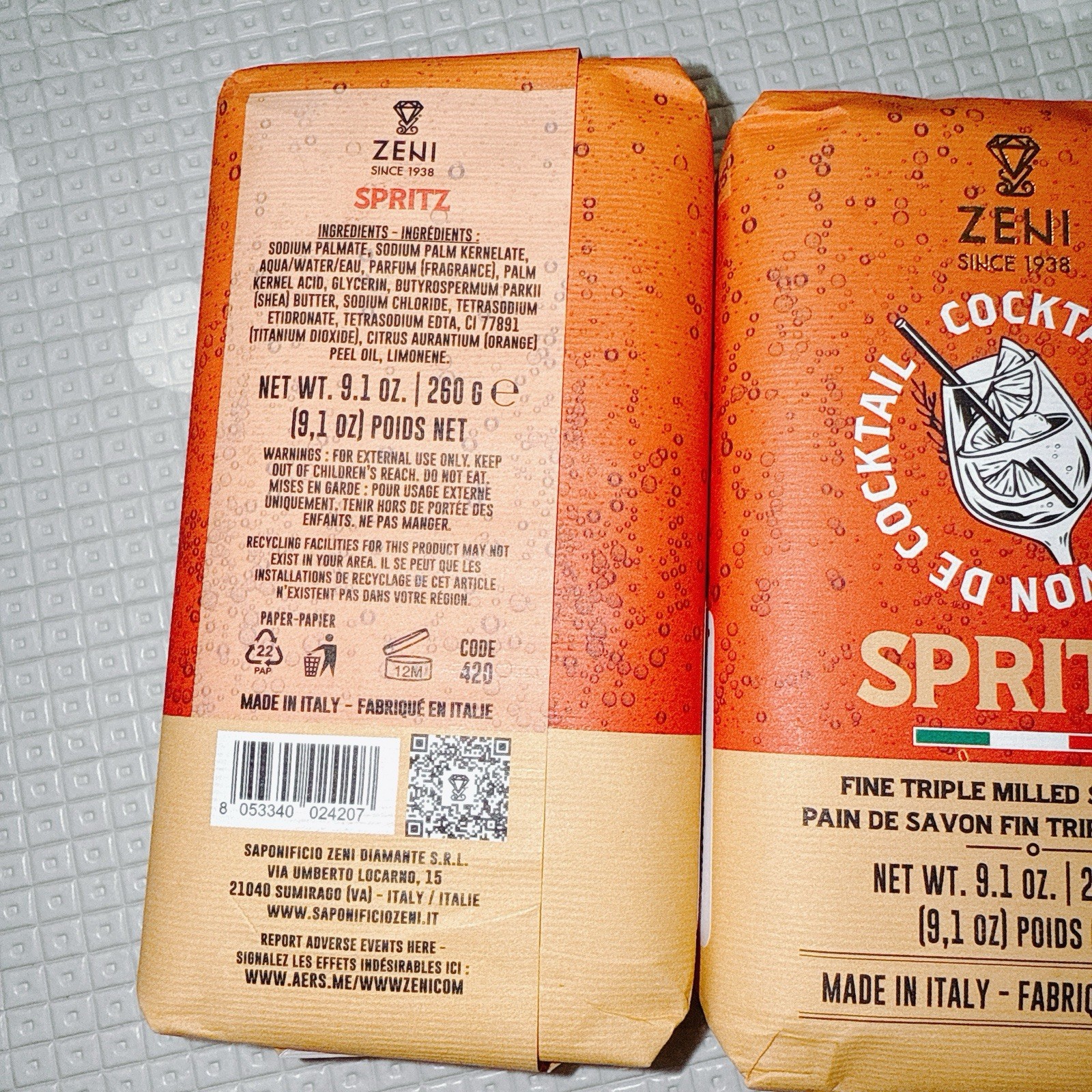 2 pcs ZENI Scent Cocktail SPRITZ Triple Milled ITALIAN Soap Bar 9.1 Oz/each