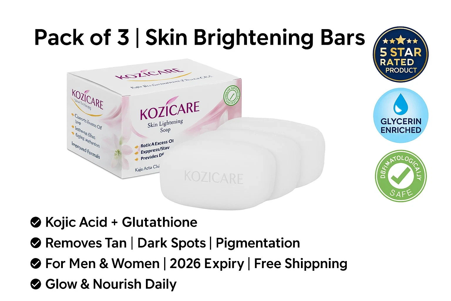 Kozicare Kojic Acid Soap Pack of 3 X 75g | Brightening | Tan Removal | 2026 Natu