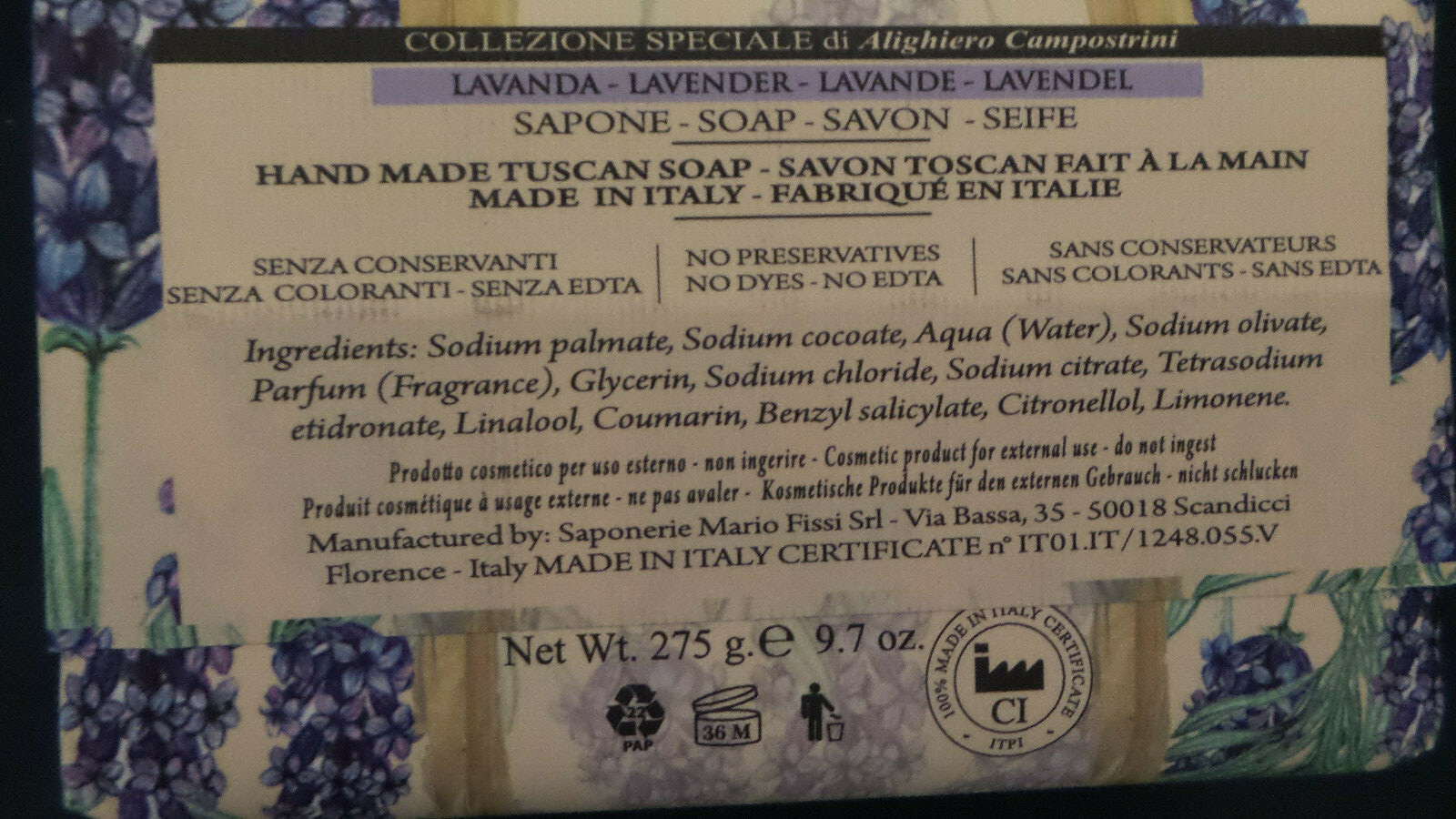 Lavender Luxury Soap Bar Saponerie Mario Fissi Handmade in Italy 9.7 oz New