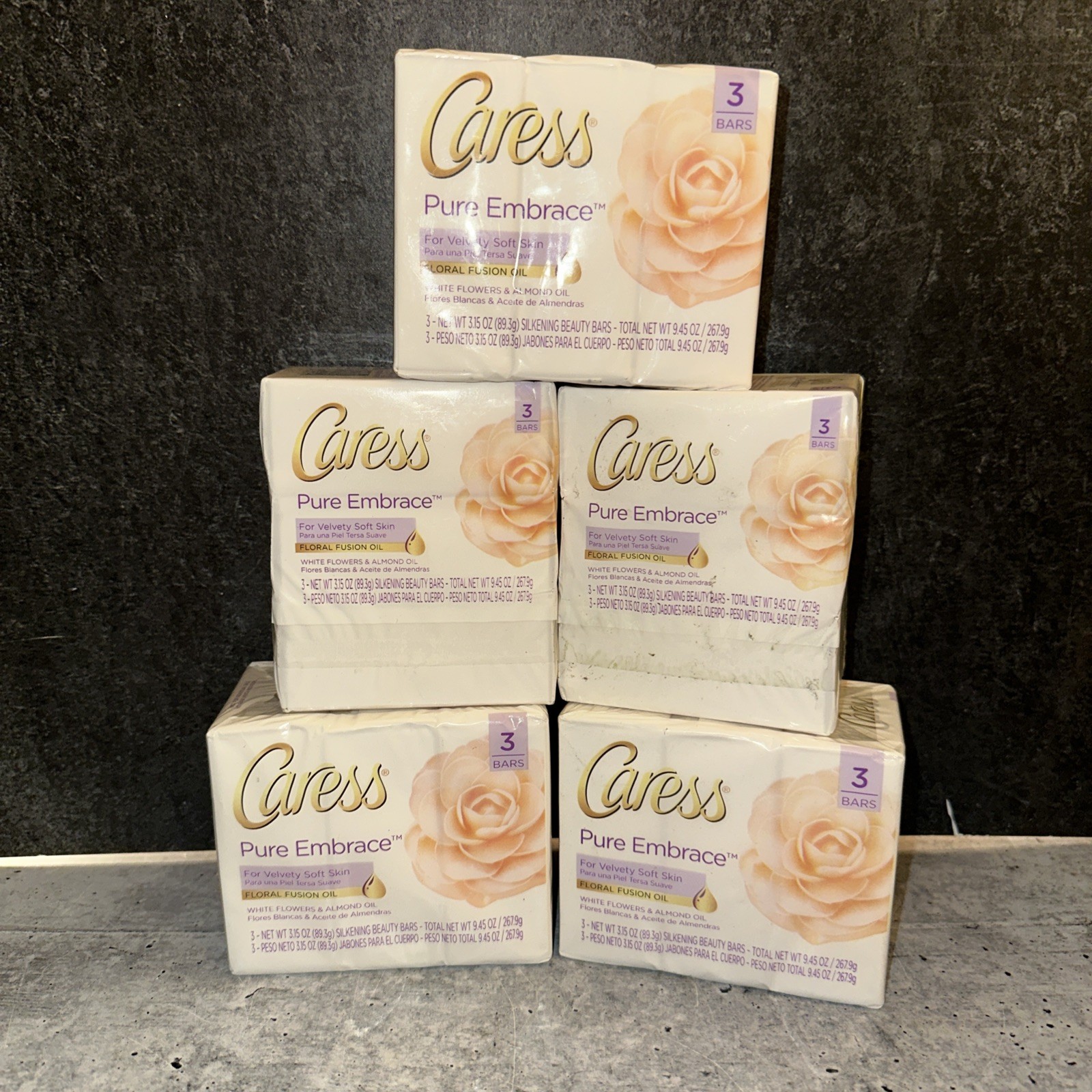 5 Of 3 Caress Pure Embrace White Flowers Soap Bars Soap ( 15 Bars Total )