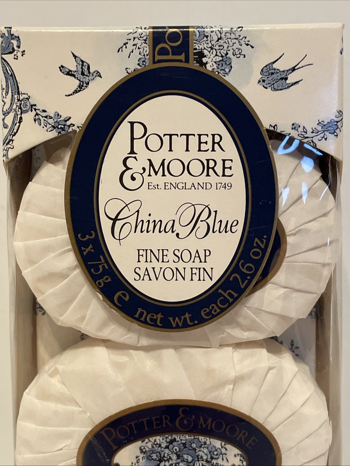 Potter & Moore China Blue Fine Soap 3 Bars Made in England White Willow Ginseng