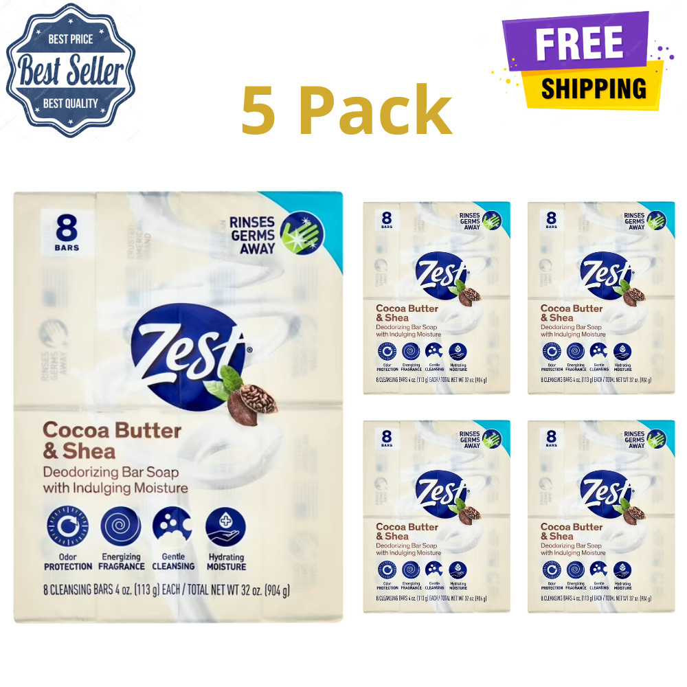 Zest Cocoa Butter & Shea Bar Soap, for All Skin Types, 4 oz, 8 Bars, Scented