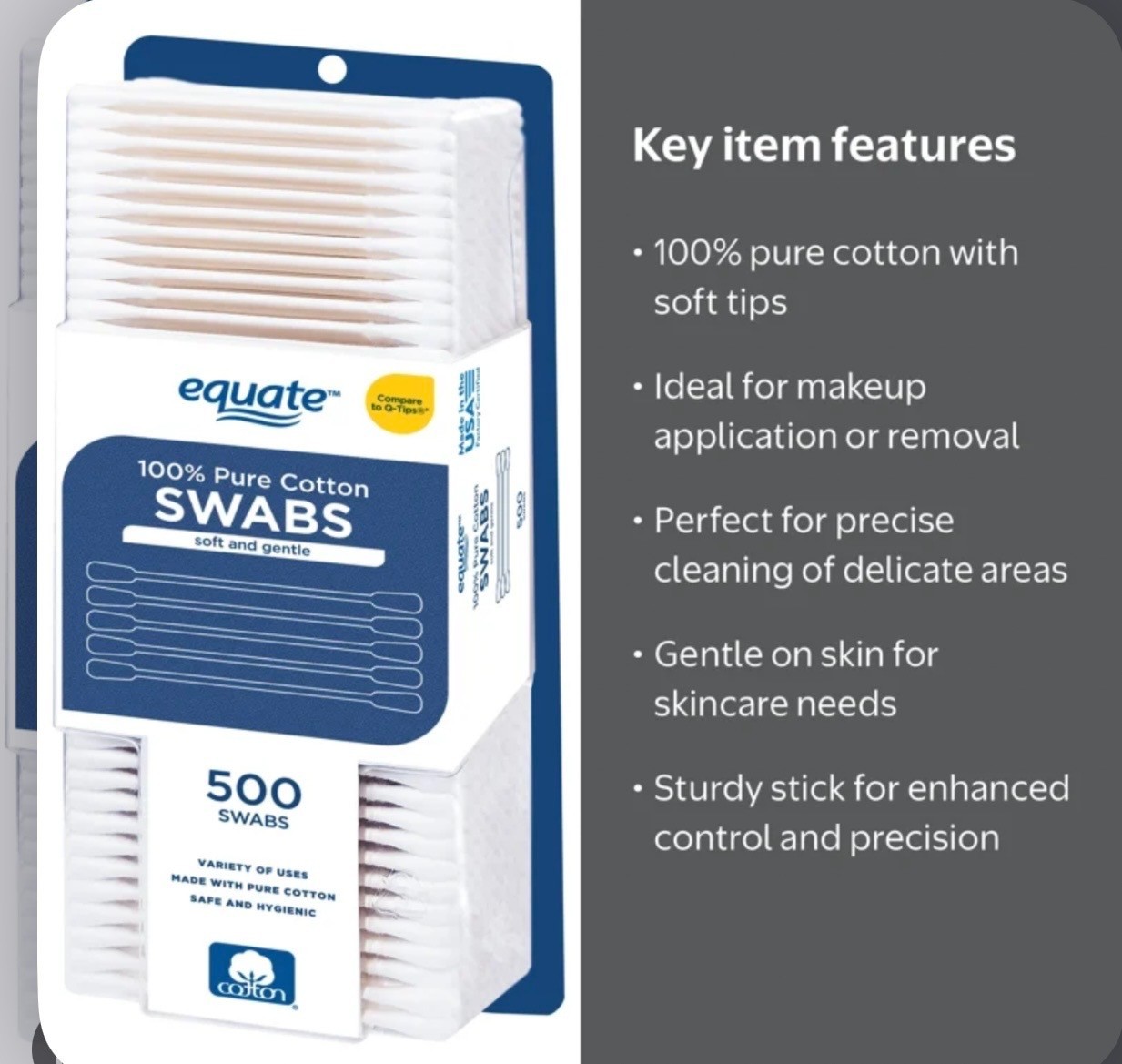 Equate Cotton Swabs 500 Count 100% Pure Cotton Firm Paper Stick Safe Soft