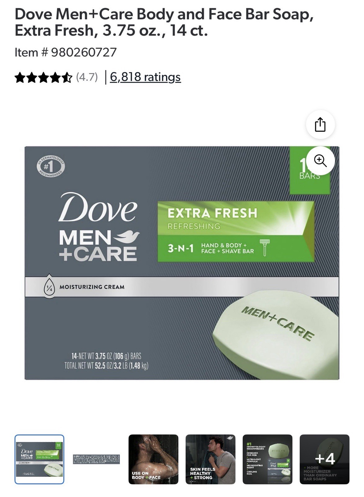 Dove Men+Care Body And Face Bar Soap, Extra Fresh, 3.75 oz, 14 ct Great Price
