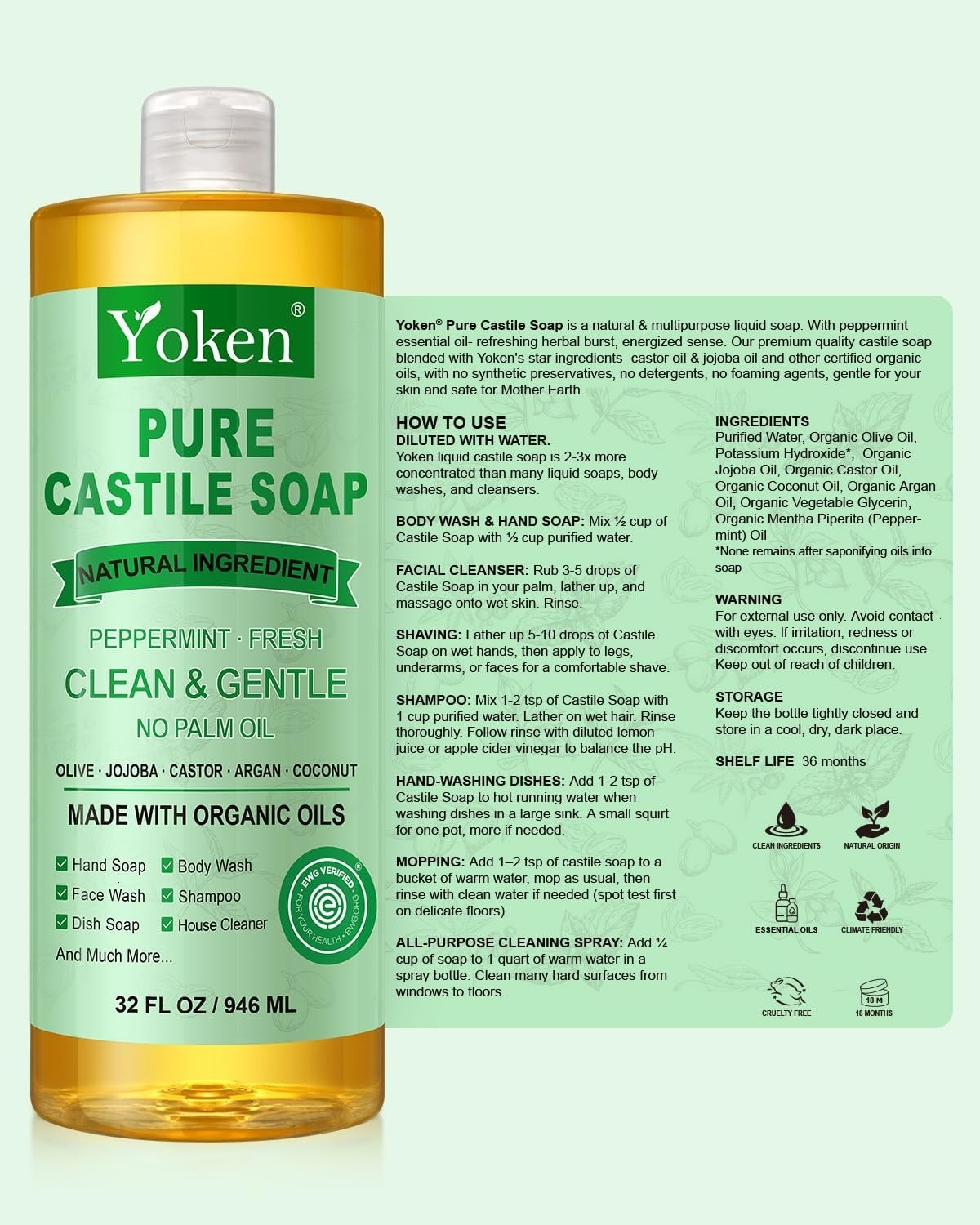 EWG Peppermint Castile Soap 32oz, with Oils Multi-Purpose Cleanser | Gentle