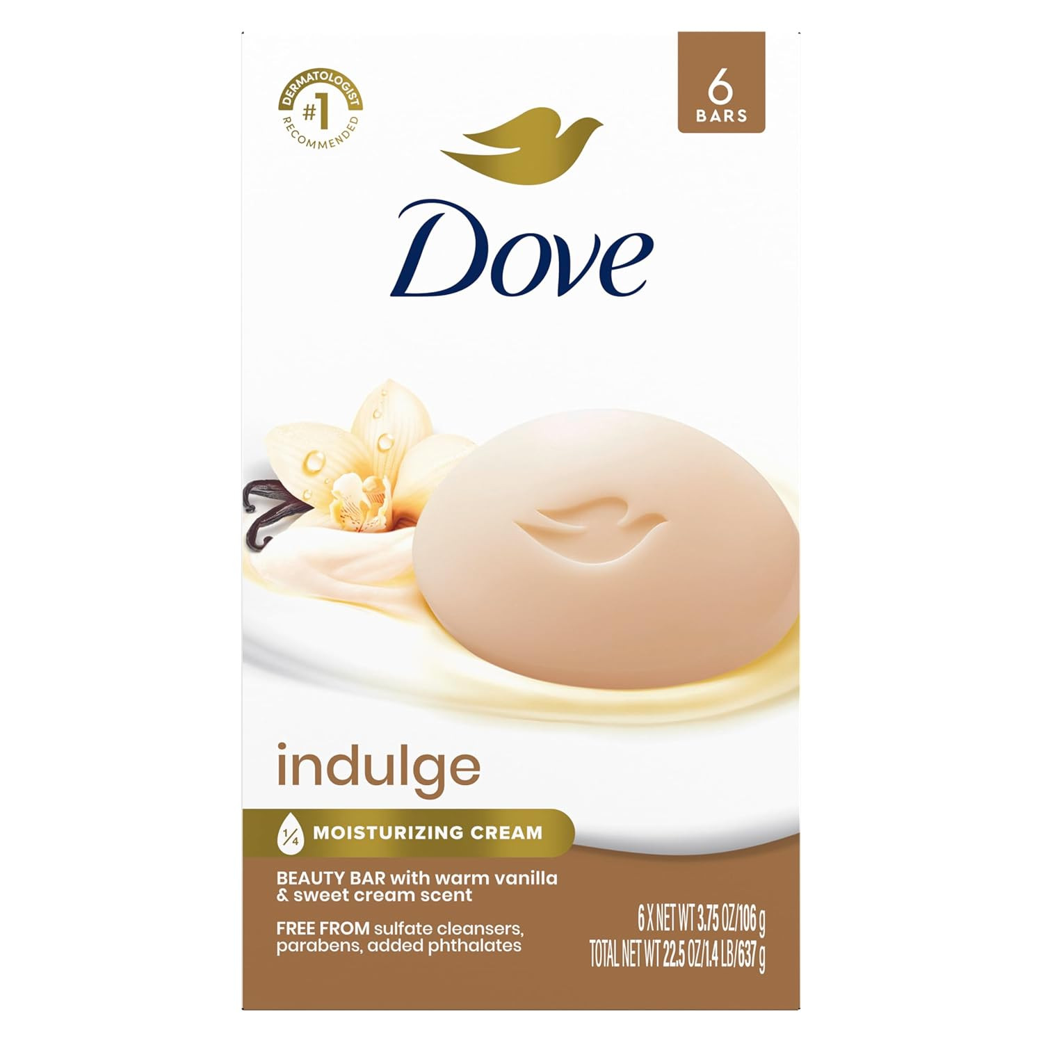 Dove Indulge Beauty Bar Soap 6 Count, Warm Vanilla & Sweet Cream, 3.75 Oz I Indu