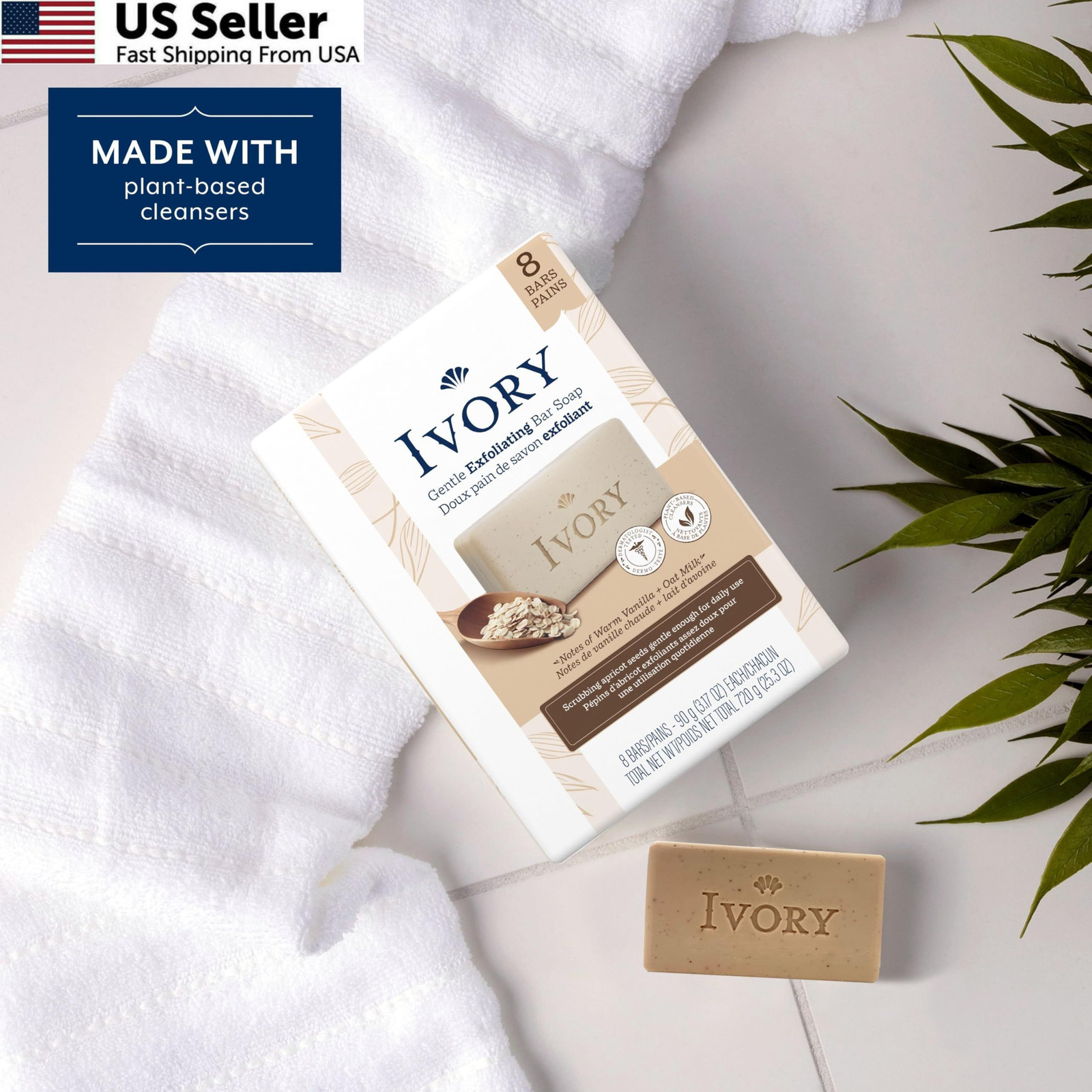 Ivory Exfoliating Bath Bar Soap, Designed for 3.17 Ounce (Pack of 8), Clear