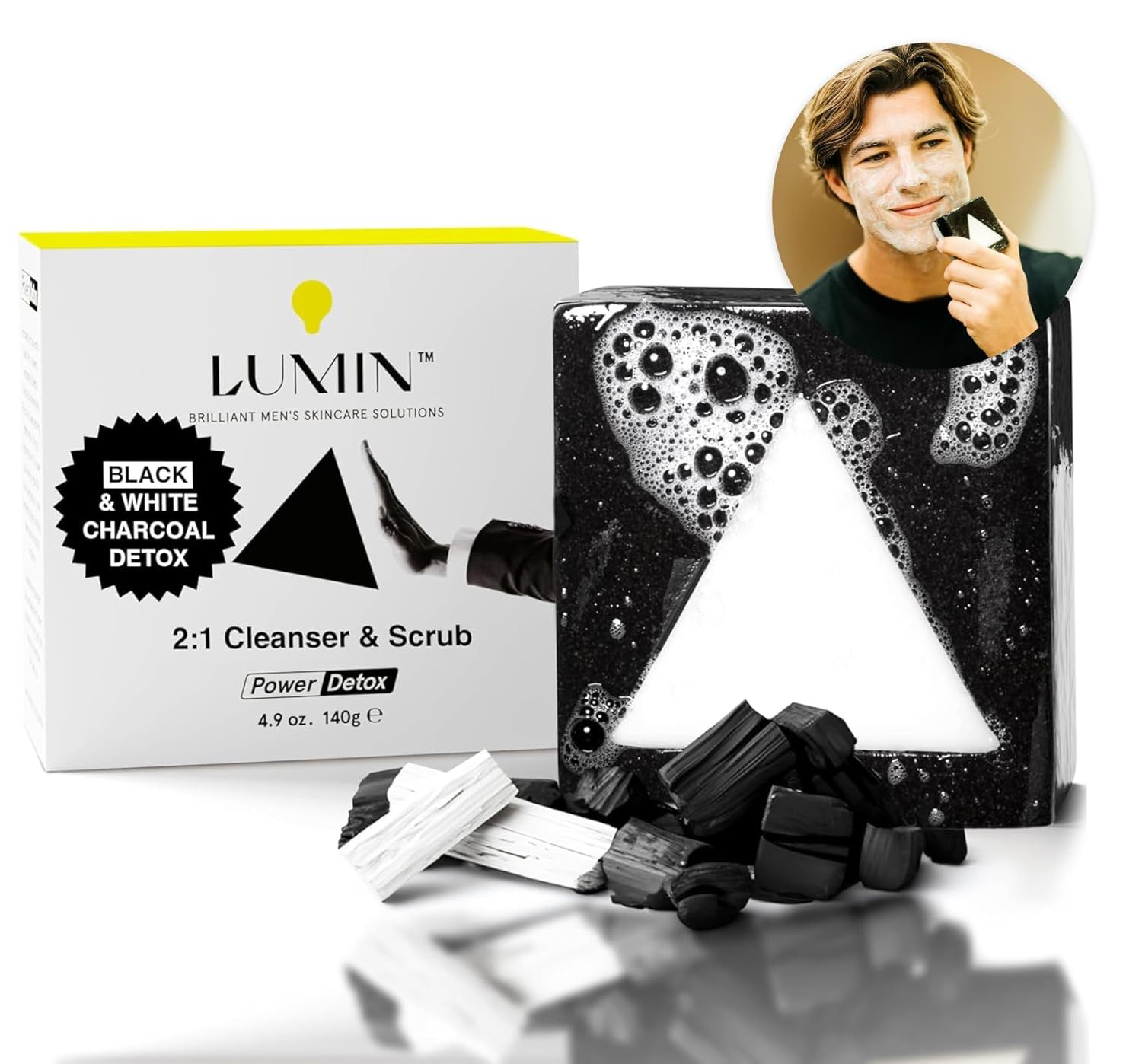 Lumin Men’s Activated Charcoal SOAP BAR Scrub & Body Wash Tea Tree Detox 7.2 oz