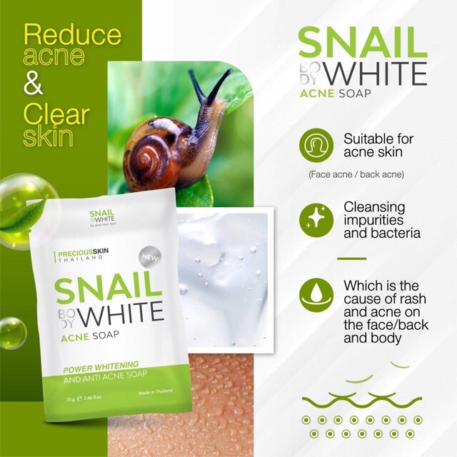 6 x Snail Body White Anti Acne Soap Whitening Skin Body & Face Reduce Acne 70g