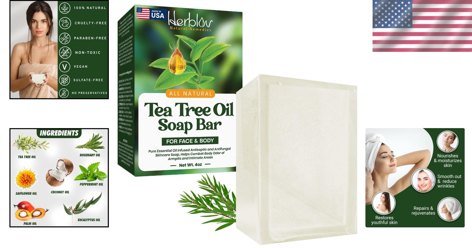 Pure 4oz Tea Tree Oil Soap Bar – Organic Face & Body Cleanser for All Skin Types