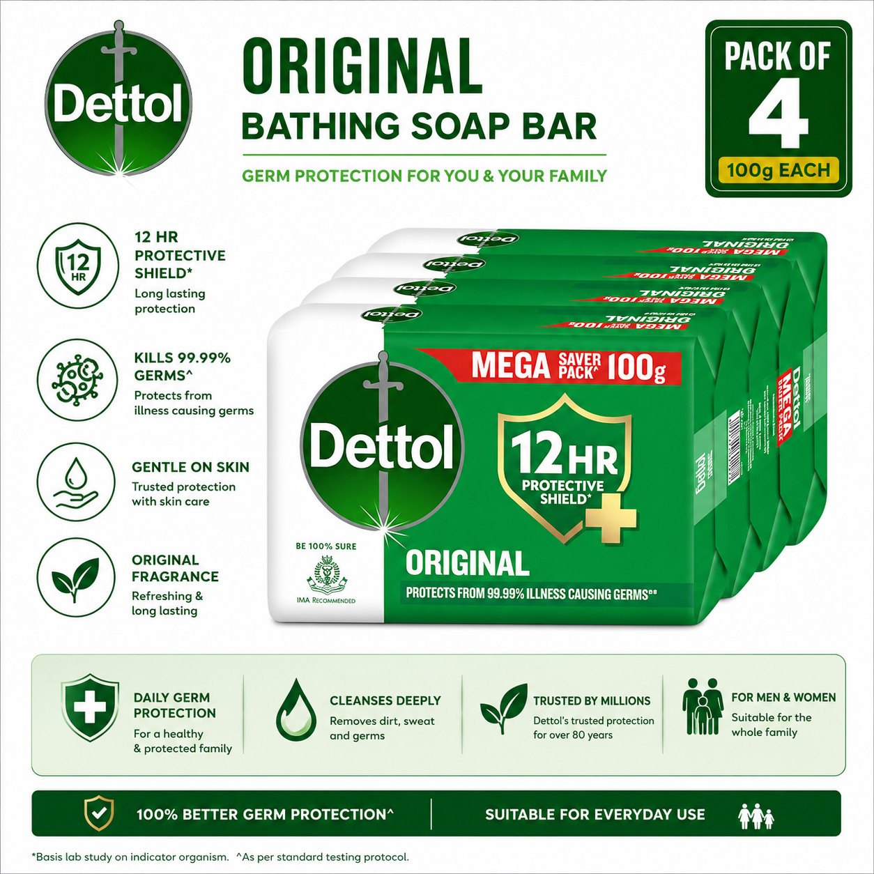Dettol Original Bathing Soap Bar 100g Pack of 4 Germ Protection Skin Care FS