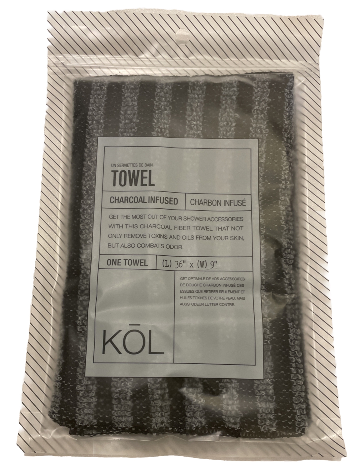 Donnamax KOL Charcoal Infused Towel 36″x9″ Black/Gray Striped (NEW)