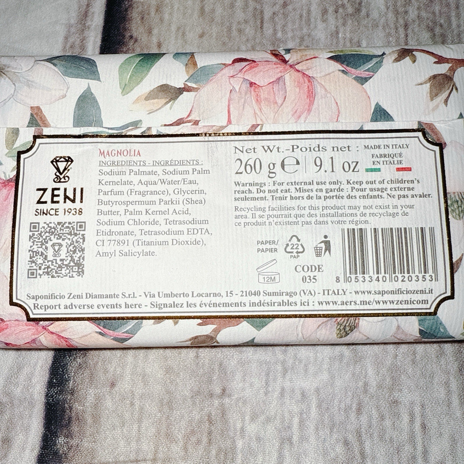 ZENI Scented Fine Triple Milled ITALIAN Soap Bar 9.1 Oz MAGNOLIA