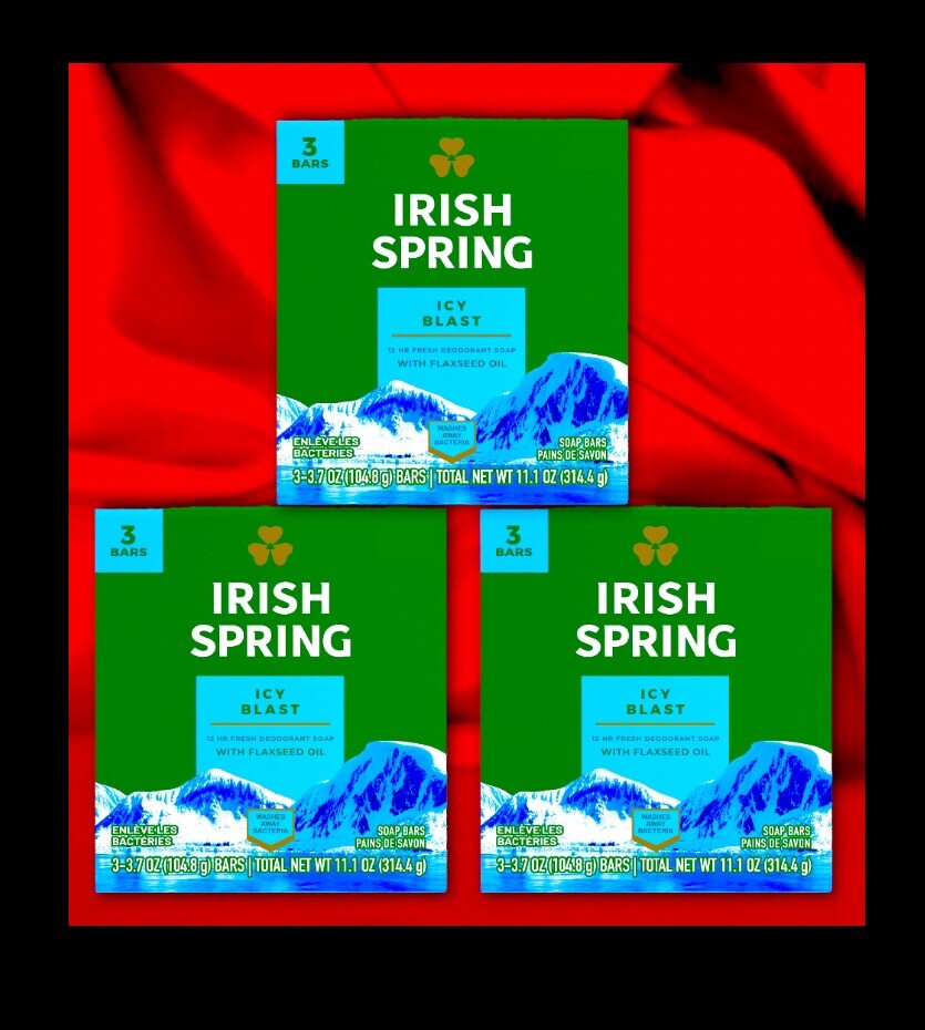 9 Irish Spring Icy Blast Deodorant Bar Soap:(3pk x 3),12hr Fresh, w Flaxseed Oil