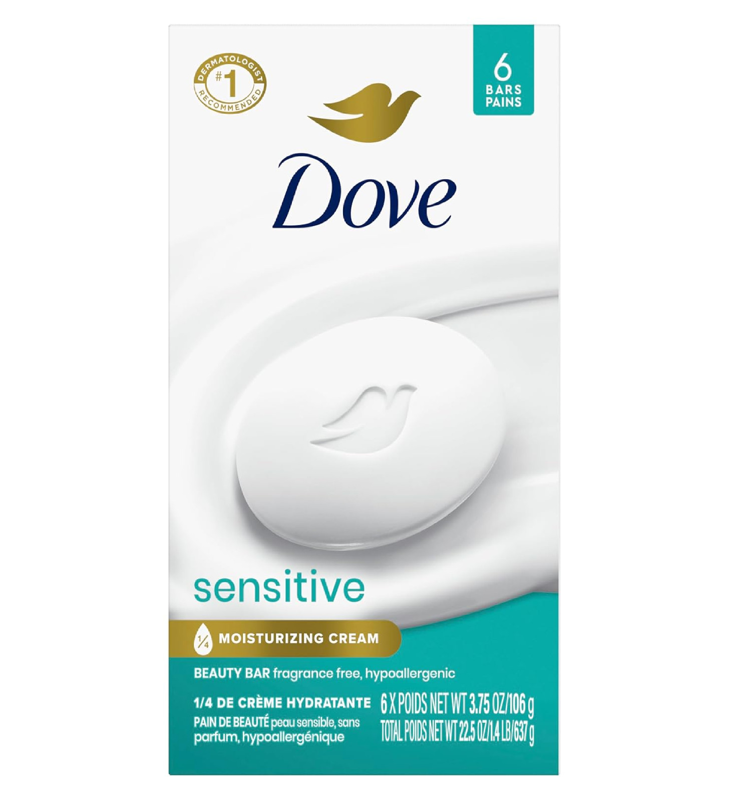 Dove Beauty Bar Soap Sensitive, 6 Bars for Sensitive Skin, Fragrance Free and Hy