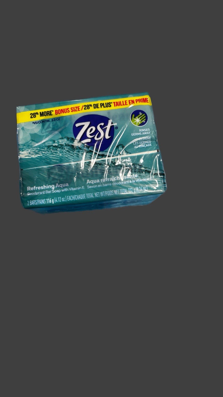 Zest Refreshing Aqua Deodorant Bar Soap Bonus Size 4.12 oz, Vitamin E 4 Pack 8ct