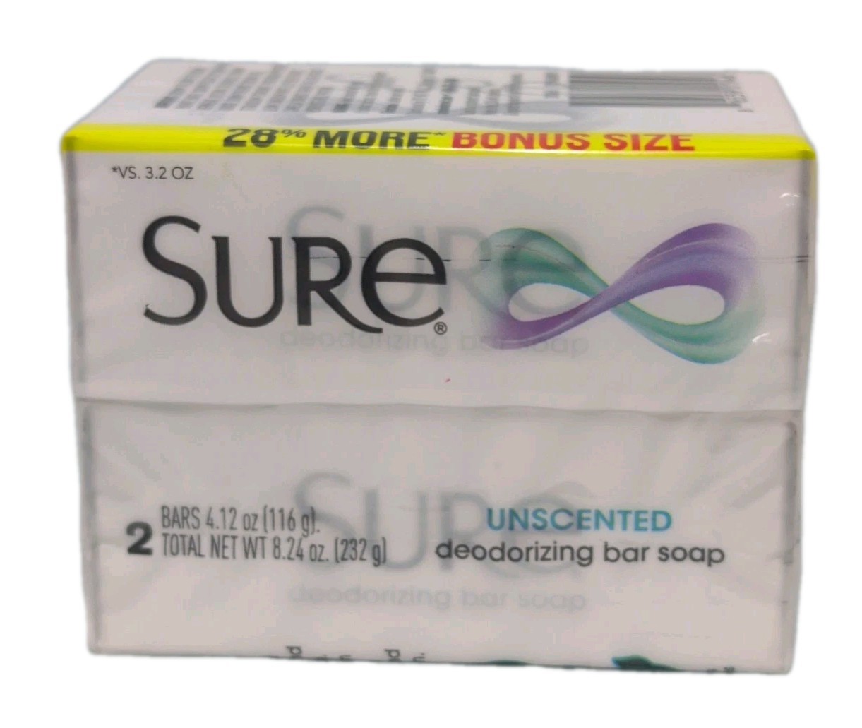 Sure Bar Soap 2 Bars Unscented Deodorizing NEW 4.12 oz Ea HTF Rare