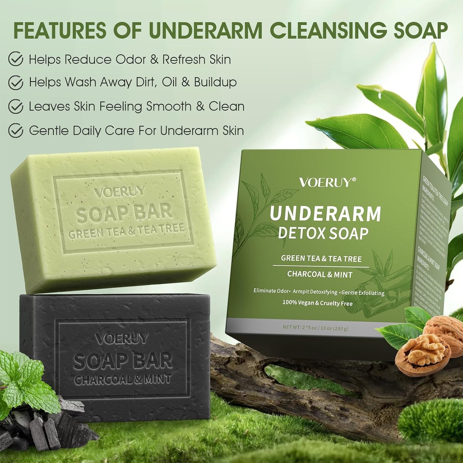 Underarm Detox Soap, 2 Pcs Armpit Detox Soap with Green Tea & Tea Tree, Charcoal