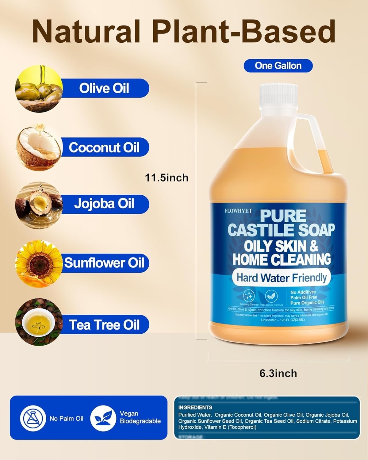 EWG Verified 1Gallon Pure Castile Soap Liquid, Organic Hand Soap Refill, Natural
