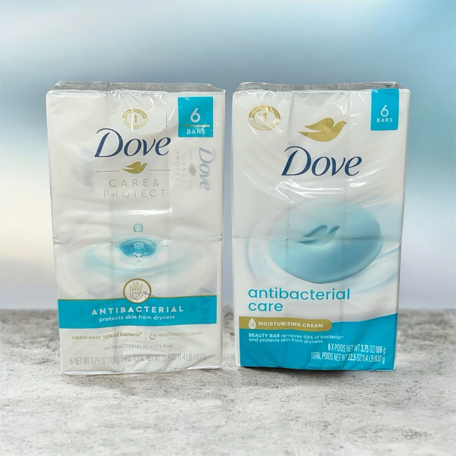 Dove Care and Protect Antibacterial Beauty 6 Bars Soap, Unscented 22.5oz New