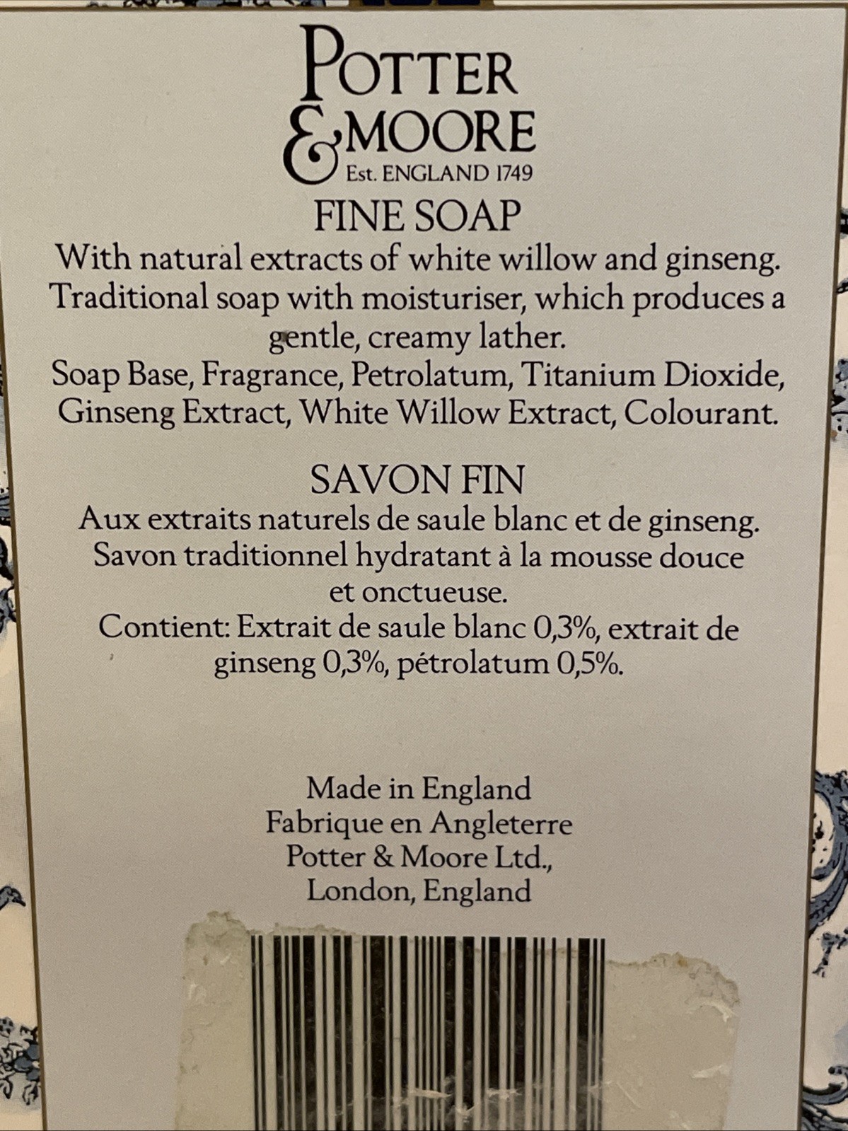 Potter & Moore China Blue Fine Soap 3 Bars Made in England White Willow Ginseng
