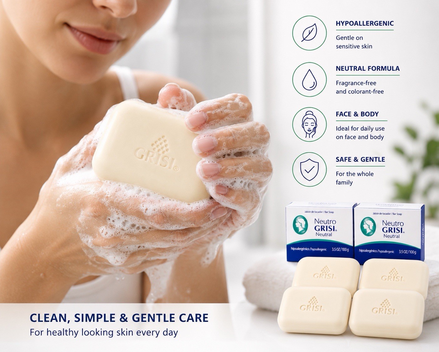 Pack of 4 Grisi Neutro Neutral Soap Bar 3.5 oz Hypoallergenic Sensitive Skin