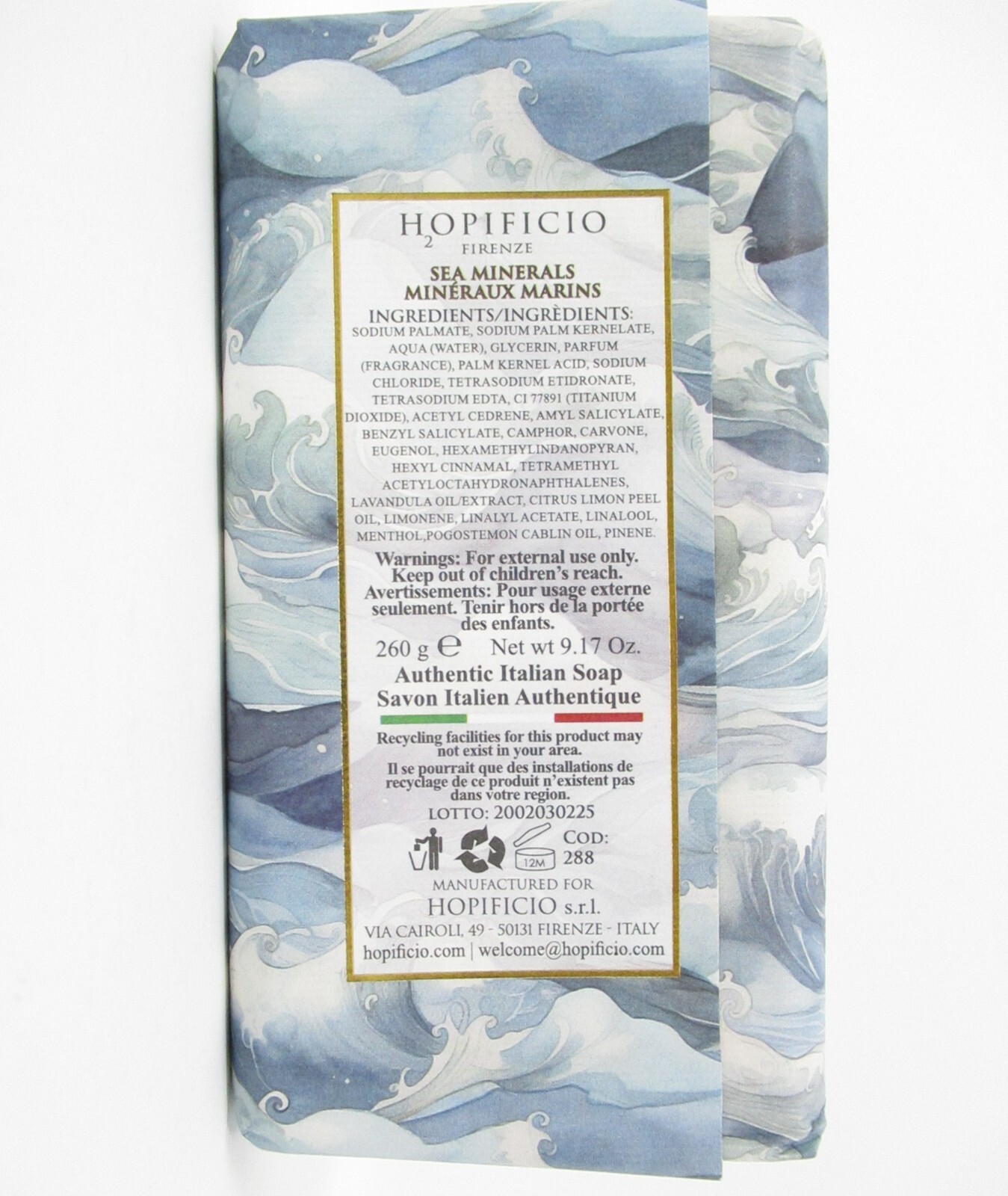 Hopificio Italian Luxury Bath Bar Soap Sea Minerals scented large 9.17 oz