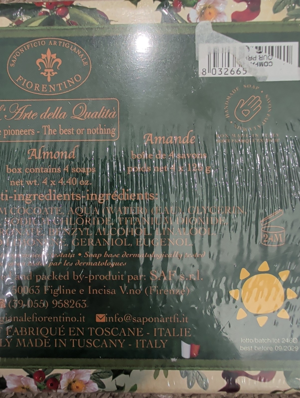 Saponificio Artgianale Fiorentino Soap Almond 4 x 4.4 oz Made in Italy Sealed
