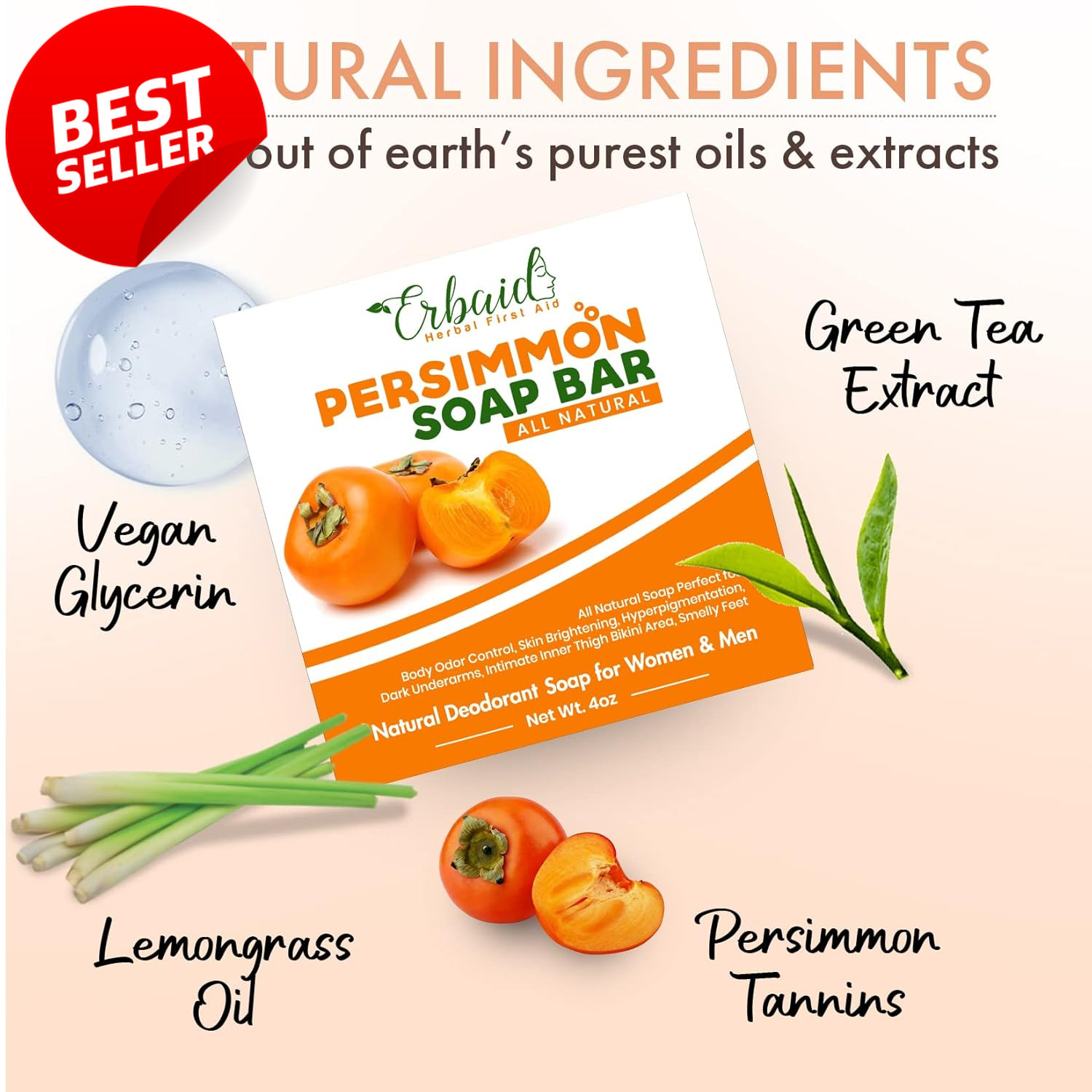 Persimmon Soap Bar for Body Odor Control – Purifying Deodorizing Body Wash with
