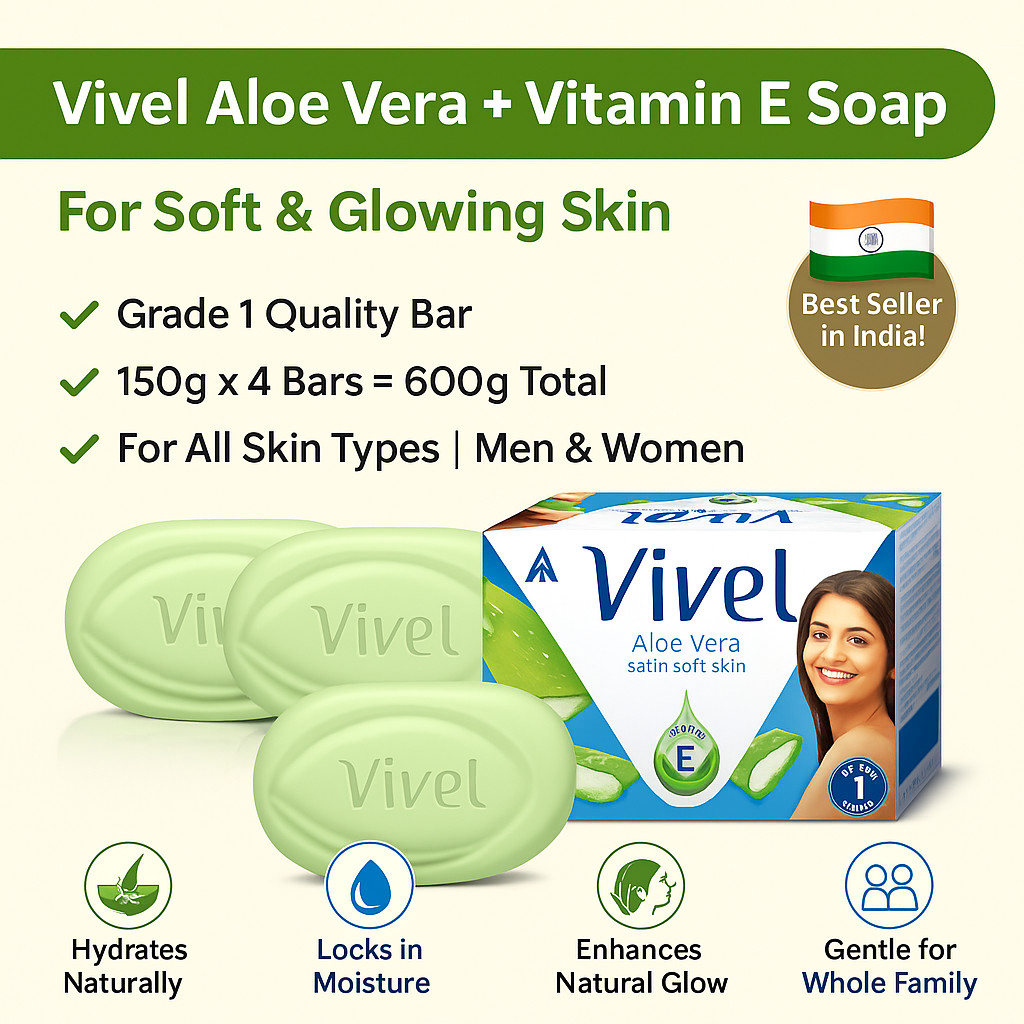 Vivel Aloe Vera Grade 1 + Vitamin E Bathing Soap 150 g × 4 – Soft, Glowing Skin