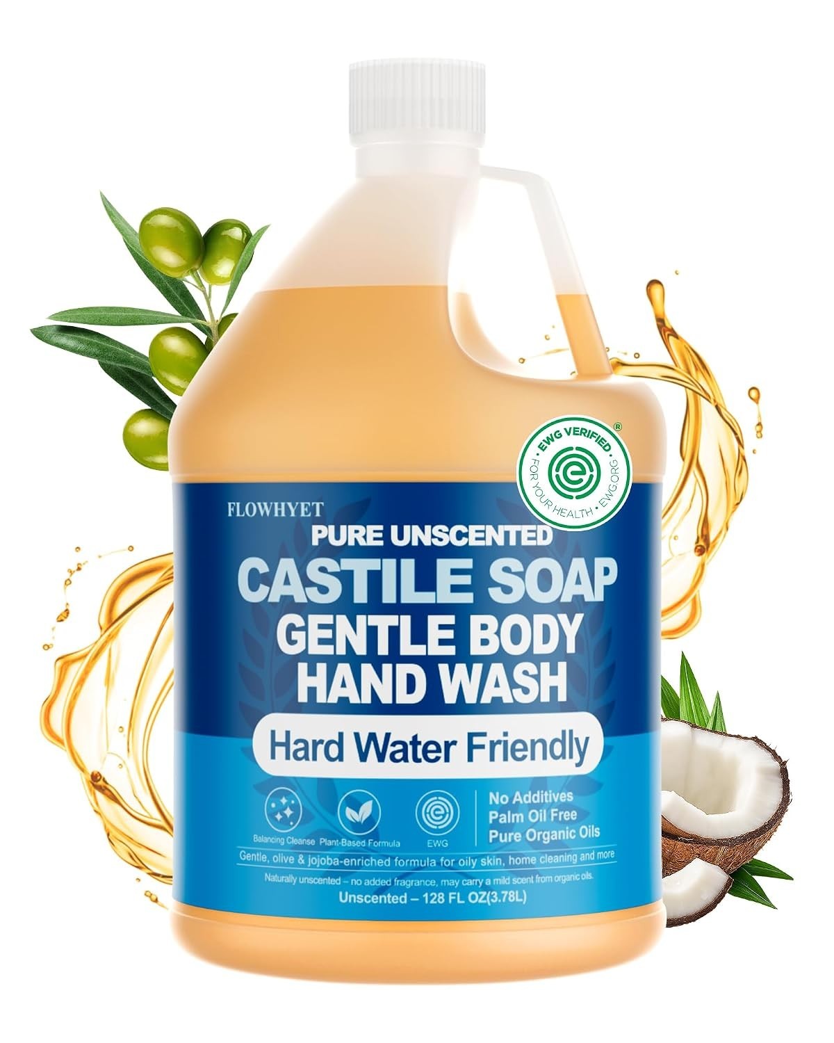 FLOWHYET Pure Castile Soap Liquid Unscented 1 Gallon 128 Fl Oz