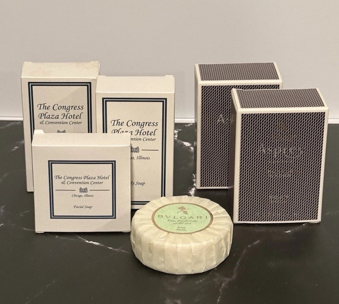 Fancy Luxury Hotel Travel Soap Lot Bvlgari Green Tea, Asprey, The Congress Plaza